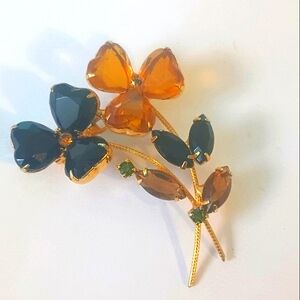 Stunning Jewel Amber Crystal Rhinestone Black Glass Brooch 3"